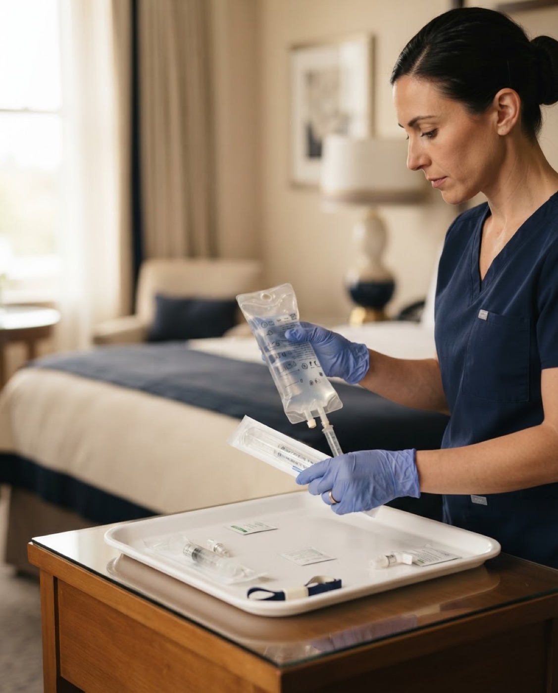 A nurse in navy scrubs preparing a sealed IV bag and sterile single-use supplies in a hotel room